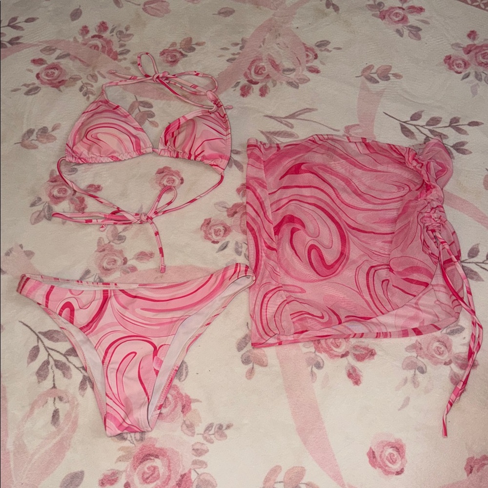 SHEIN Pink Swirl Cheeky Bikini Set with Cover up